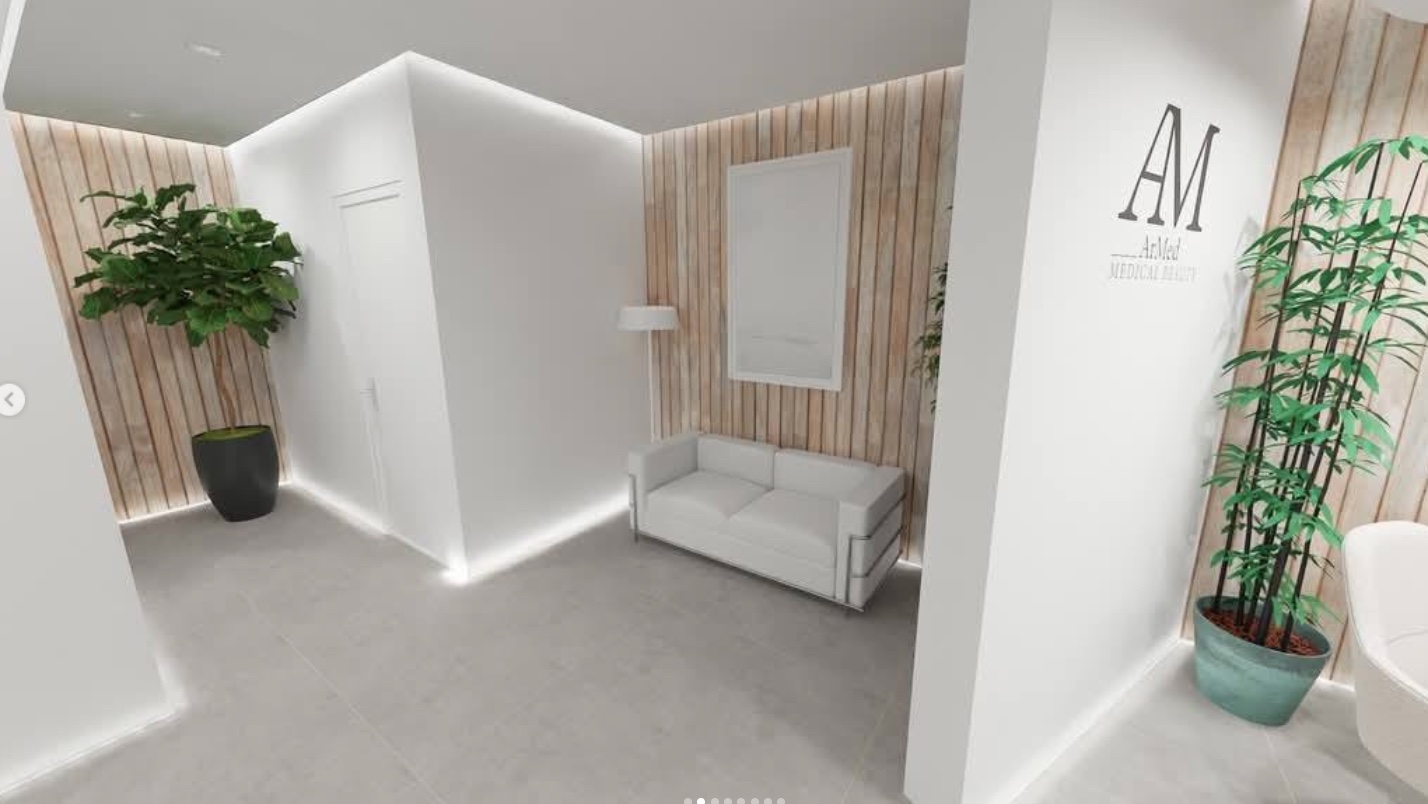 3D design of a clinic waiting lounge with timber slats