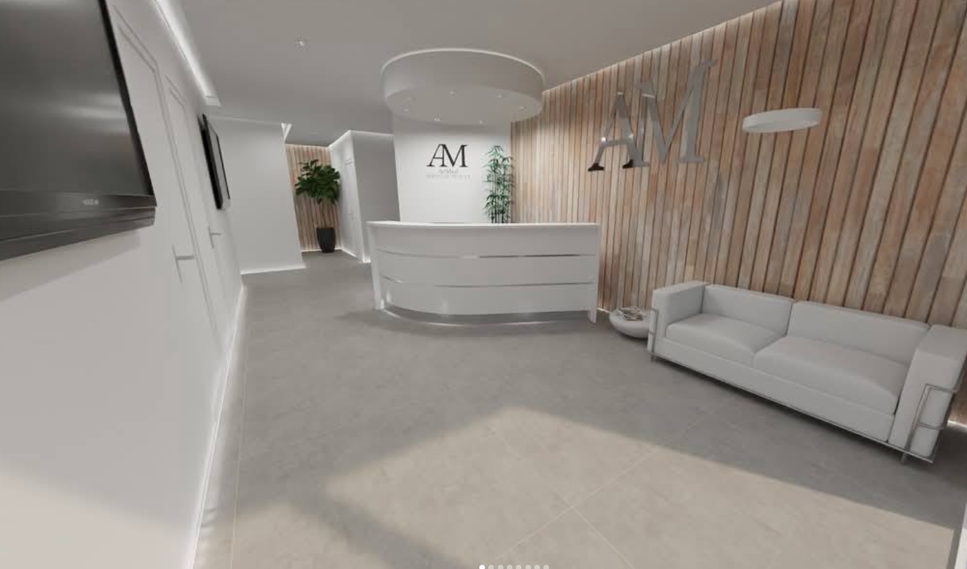 3D render of a clinic reception with timber wall