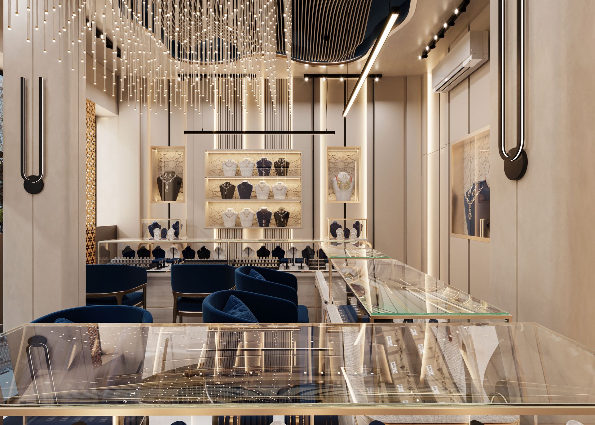 Finished commercial interior with gold accent lighting