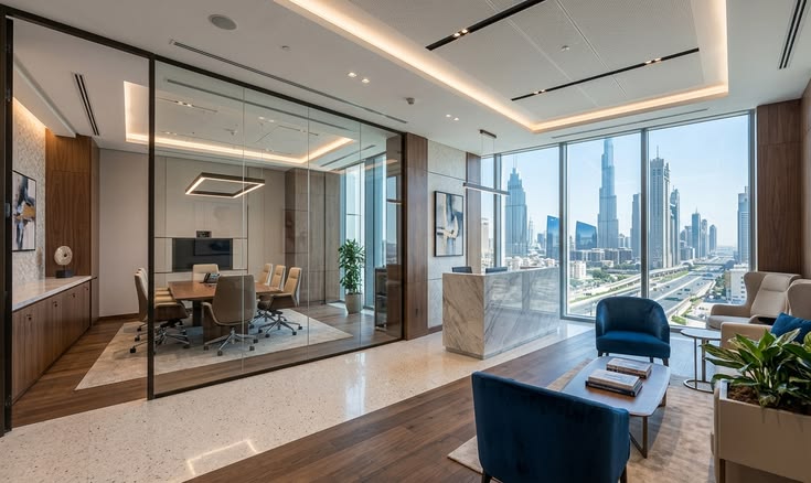 Office with glass meeting room and skyline view